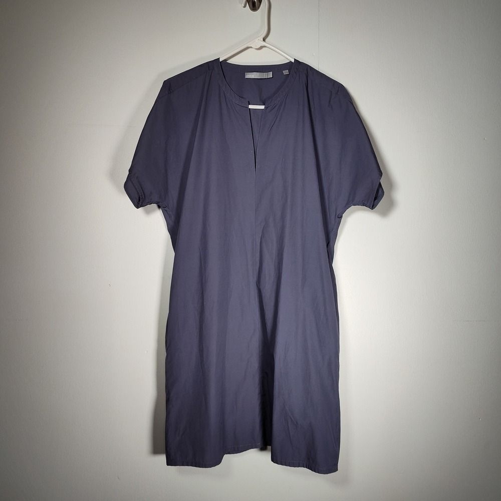 Vince Womens Slate Blue Cotton Split Neck Short Sleeve Lightweight Shift Dress S